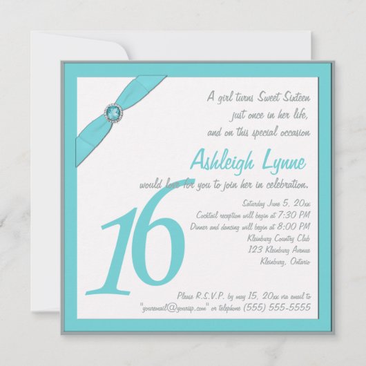 RIBBON Aqua IMPRIMÉ, Gray Sweet 16 Invitations (Devant)