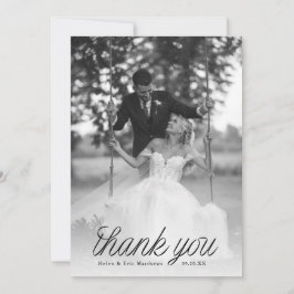 Ribbon Black Script Minimalist Wedding Photo Bedankkaart