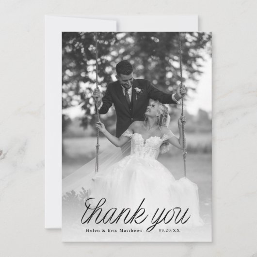 Ribbon Black Script Minimalist Wedding Photo  Bedankkaart (Voorkant)