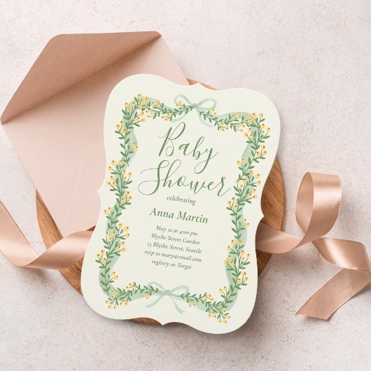 Ribbon Bow and Greenery Baby Shower Invitation Kaart