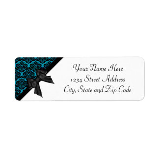 Ribbon Bow Black en Blue Damask Etiket