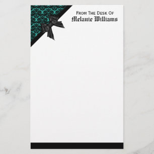 Ribbon Bow Black en Turquoise Damask Briefpapier