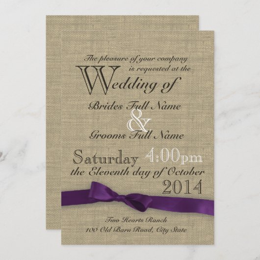 Ribbon Country Paarse bruiloft Kaart (Voorkant / Achterkant)