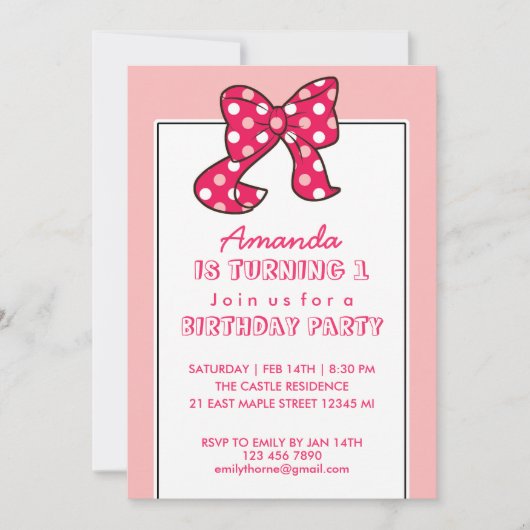 Ribbon Pois rose et Bow Invitation d'anniversaire (Devant)