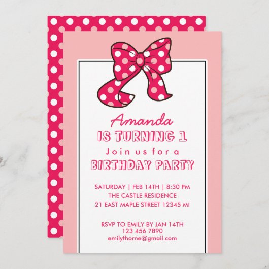 Ribbon Pois rose et Bow Invitation d'anniversaire (Devant / Derrière)