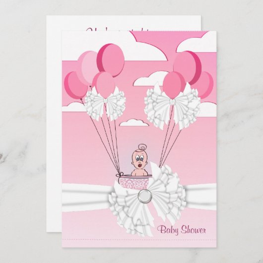 Ribbon rose blanc bébé fille douche Invitation (Devant / Derrière)