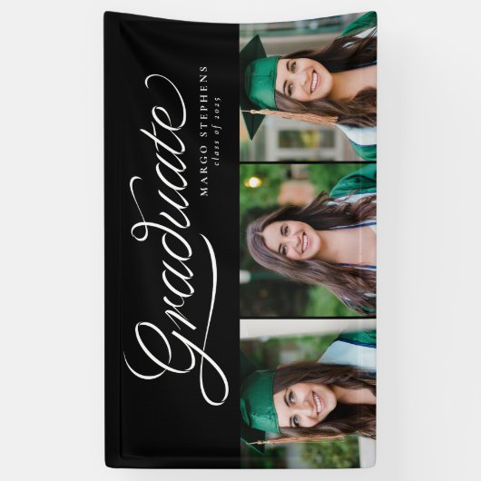 Ribbon script afstuderen trendy drie foto afstudee spandoek (Verticaal)
