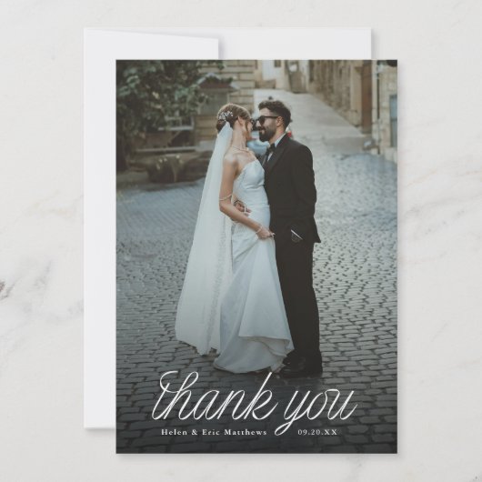 Ribbon Script Minimalist Wedding Photo Bedankkaart (Voorkant)