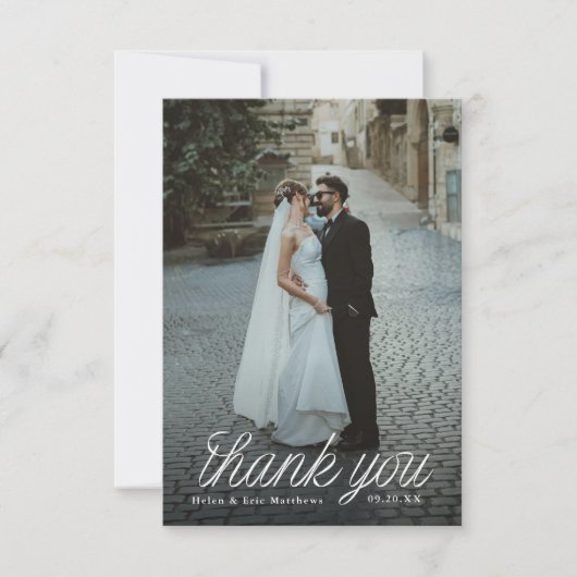 Ribbon Script Minimalist Wedding Photo Small Bedankkaart (Voorkant)