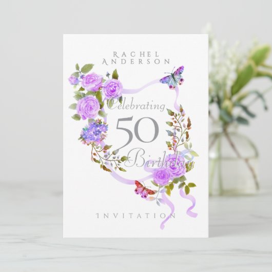 Ribbon violet Rose Invitation d'anniversaire (Debout devant)