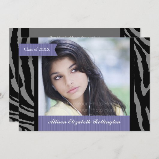 Ribbons Zebra Print Afstuderen: Paars Kaart (Voorkant / Achterkant)