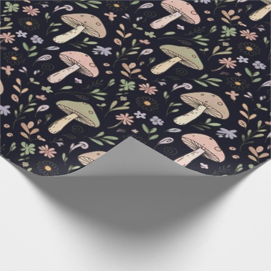 Rich Black Dark Academia Fungi Seamless Pattern Cadeaupapier (Hoek)