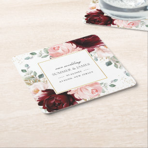 Rich Bourgogne Blush Pink Bloemen Huwelijksgunst Vierkante Kartonnen Onderzetter