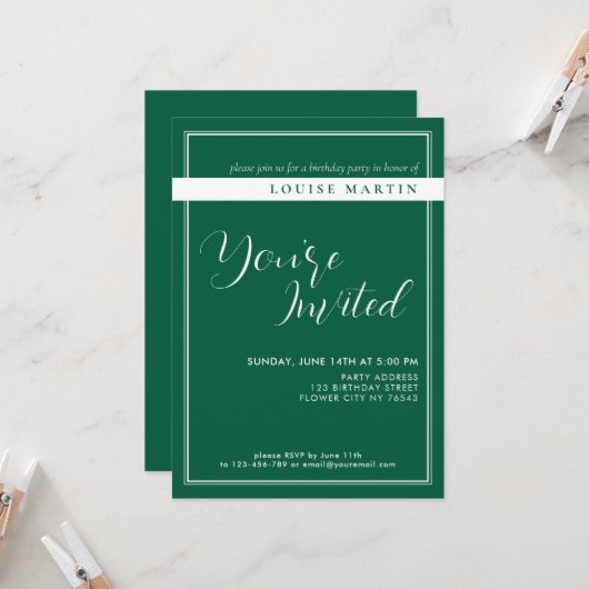 Rich Deep Green Aangepaste Verjaardag Uitnodiging (Voorkant / Achterkant in situ)
