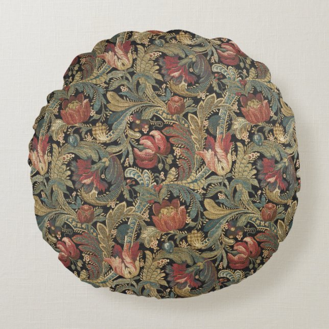 Rich Floral Tapestry Brocade Antiek Classic Rond Kussen (Voorkant)
