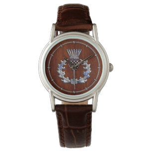 Rich Mahogany Wood Scottish Thistle Print Horloge