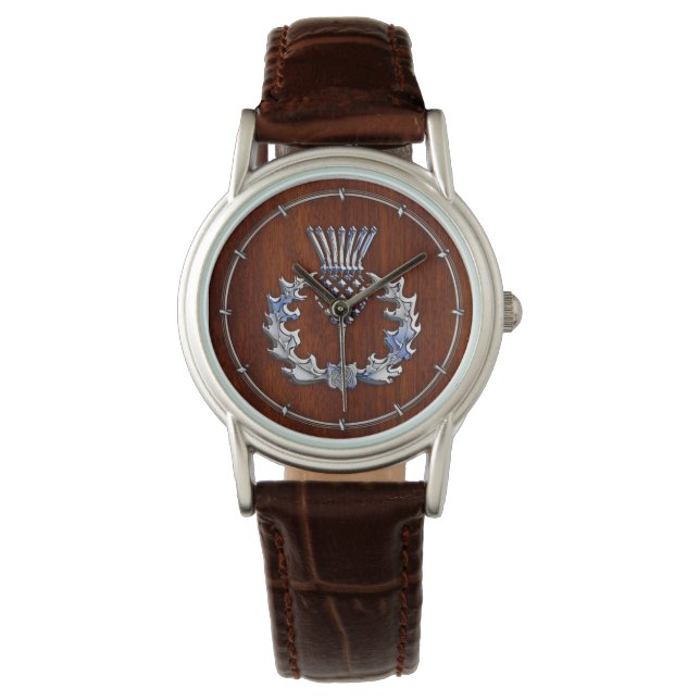 Rich Mahogany Wood Scottish Thistle Print Horloge (Voorkant)