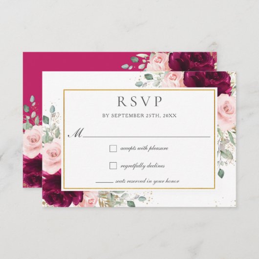 Rich Raspberry Blush Roze Rozen Bloemen Bruiloft RSVP Kaartje (Voorkant / Achterkant)