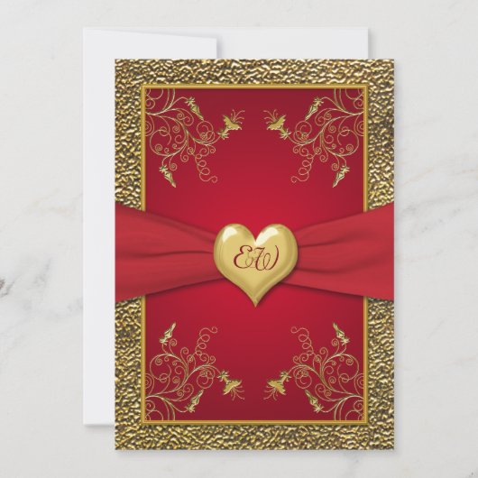 Rich Red and Gold Monogram Wedding Invitation Kaart (Voorkant)