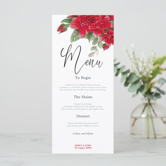 Rich Red Roses Stijlvol Script bruiloft Menu (Staand voorkant)