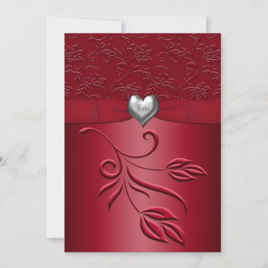 Rich Red Silver Heart Floral Wedding Kaart (Voorkant)