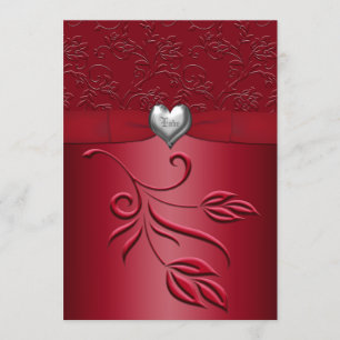 Rich Red Silver Heart Floral Wedding Kaart