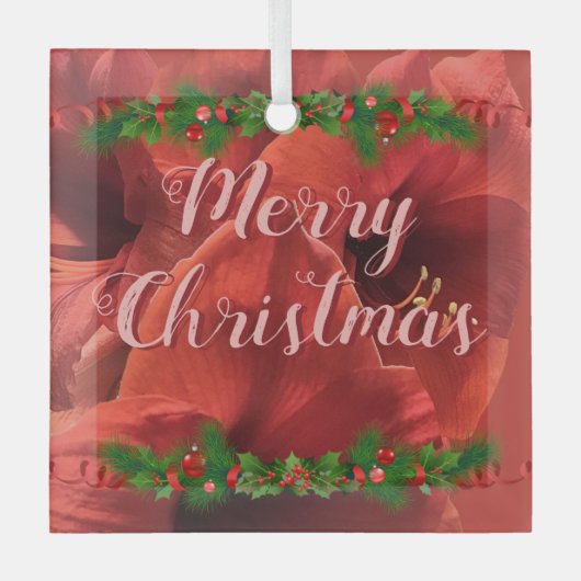 Rich Ruby Red Amaryllis "Vrolijk kerstfeest" Glas Ornament (Voorkant)