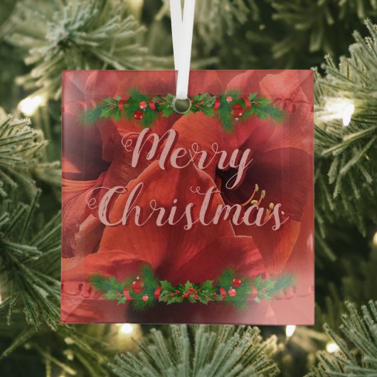 Rich Ruby Red Amaryllis "Vrolijk kerstfeest" Glas Ornament (Insitu)