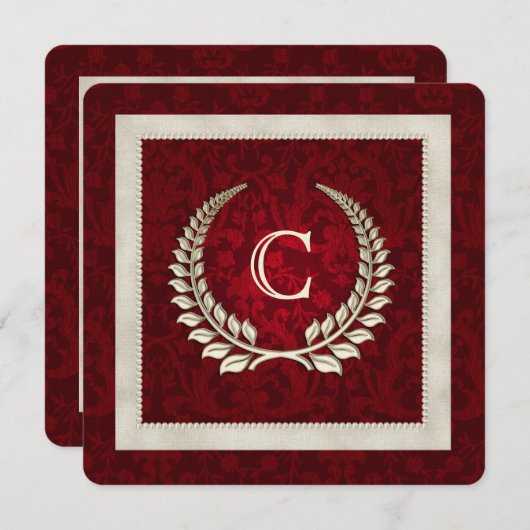 Riche faire-part de mariage de Damas et perles rou (Devant / Derrière)