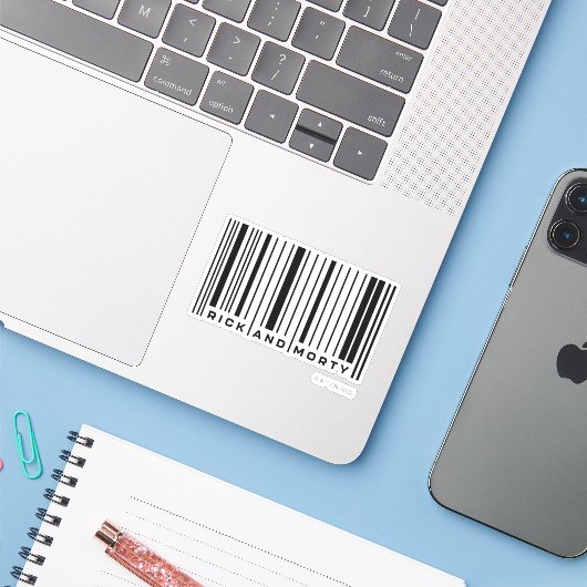 Rick en Morty Bar Code Grafisch Sticker (Laptop met iPhone)