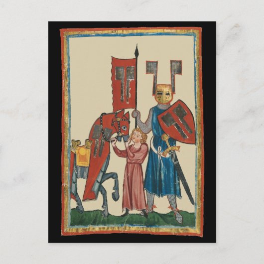 Ridder en schildknaap, 14e-eeuwse middeleeuwse kun briefkaart (Voorkant)