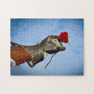 Ridder met een hart, hand met een rode roos tegen legpuzzel