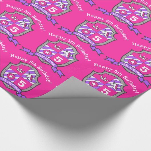 ridders schild meisjes 5e verjaardag roze wrap pap cadeaupapier (Hoek)