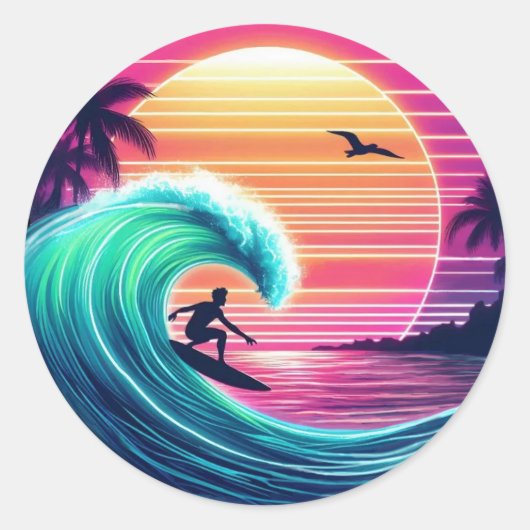 Ride the Wave bij zonsondergang Ronde Sticker (Voorkant)
