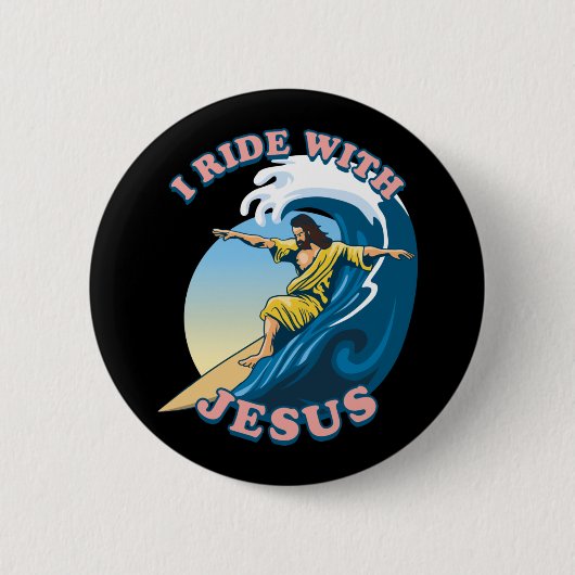 Ride with Jesus | Surfende Jezus Illustratie Ronde Button 5,7 Cm (Voorkant)