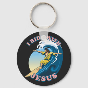 Ride with Jesus Surfende Jezus Illustratie Sleutelhanger