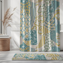 Rideau à motif mixte crème jaune aqua moutarde bei