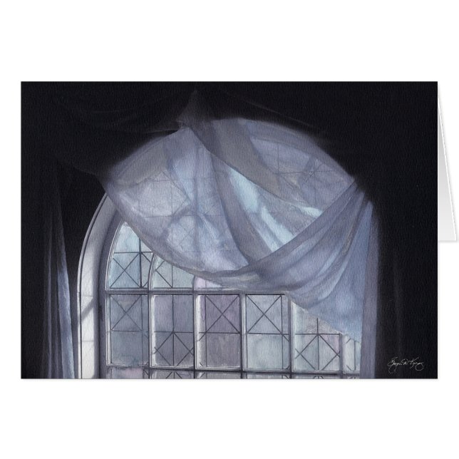 Rideau bleu dans une fenêtre arquée (Devant horizontal)