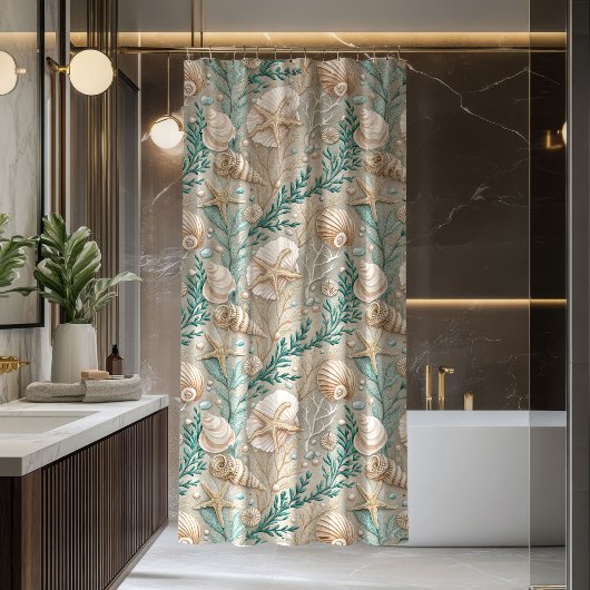 Rideau de bain marron clair et bleu aspect plage