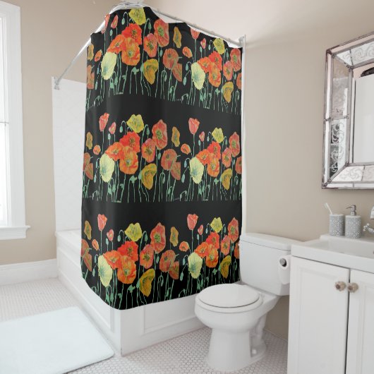 Rideau de douche à coquelicot orange et noir (En situation)