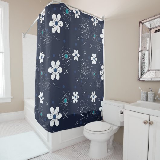 rideau de douche à fleurs bleu rétro (En situation)