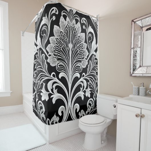 Rideau de douche à fleurs noir blanc et gris (En situation)