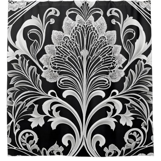 Rideau de douche à fleurs noir blanc et gris (Devant)