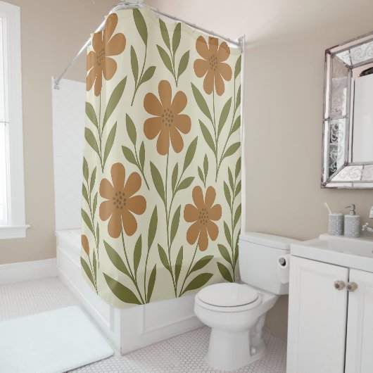 Rideau de douche à fleurs orange (En situation)