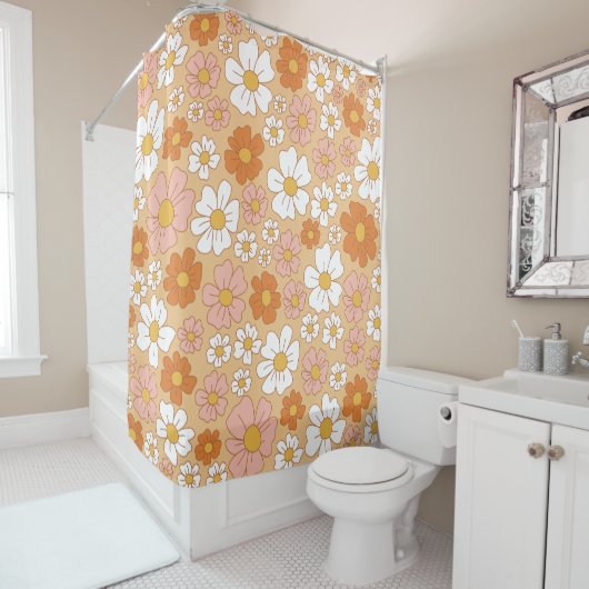 Rideau de douche à fleurs orange et blanc (En situation)