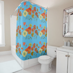 Rideau de douche à fleurs rouge, orange et bleu