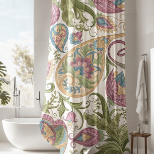 Rideau de douche à fleurs vert et violet Paisley