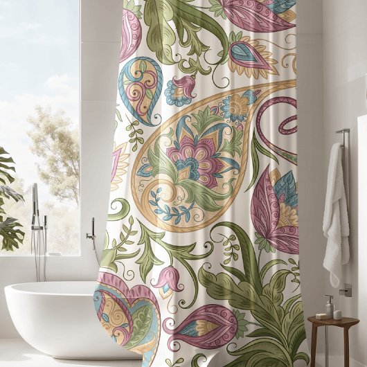 Rideau de douche à fleurs vert et violet Paisley