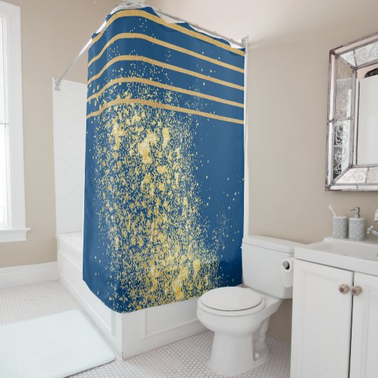 Rideau de douche à lignes métalliques bleues et do (En situation)