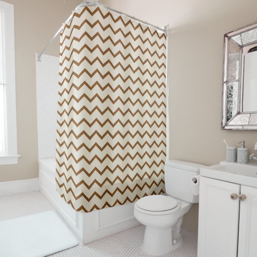 Rideau de douche à motif Zig Zag beige et marron (En situation)